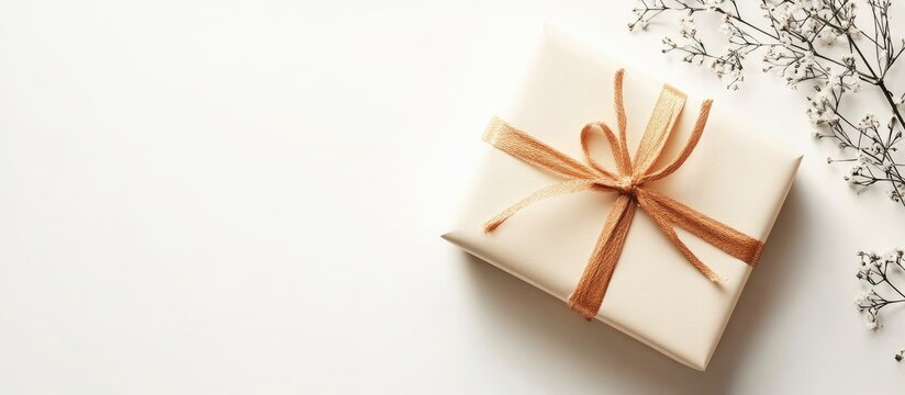 Spa gift certificate presentation with elegant wrapped box and empty space for personalized text on a clean white background.