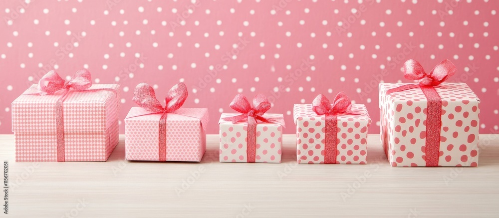 Poster colorful gift boxes arranged on a pink table with a polka dot background and ample space for text or