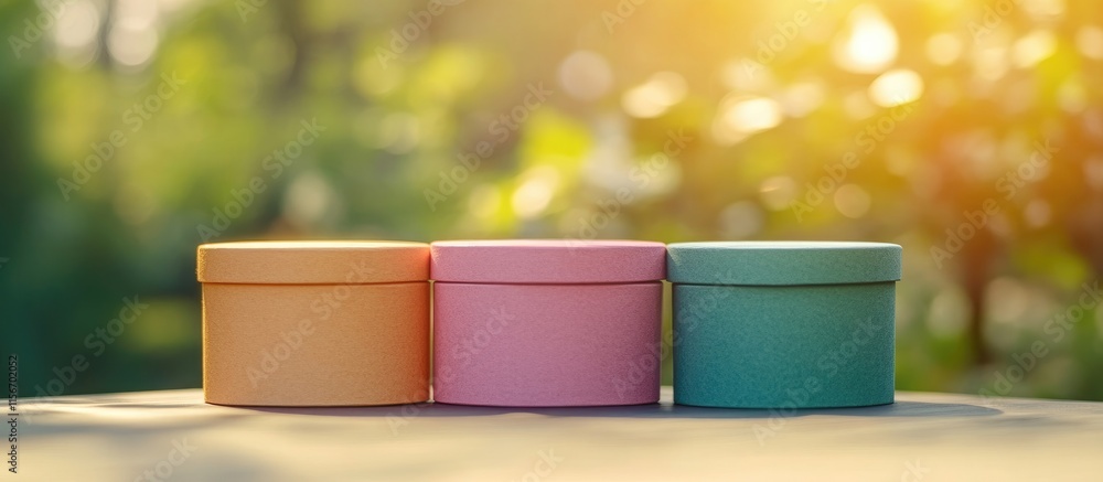 Poster colorful gift boxes on a natural bokeh background with soft light and empty space for text or messag