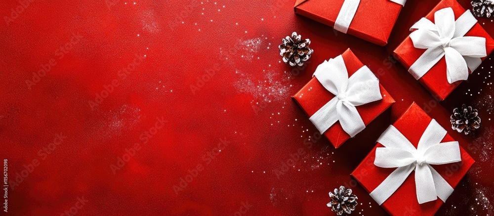 Poster festive red gift boxes with white bows on a vibrant background creating a perfect holiday scene with