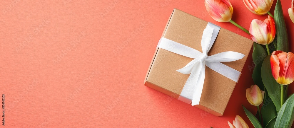 Poster gift box adorned with white ribbon and vibrant tulips on a coral backdrop creating a soothing empty 