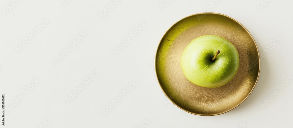 Poster green apple placed on a golden triangle plate with white background offering ample empty space for y