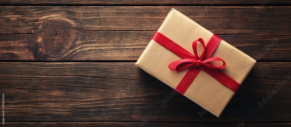 Poster gift box with red ribbon and roses on rustic wooden table flat lay empty space for personalized mess