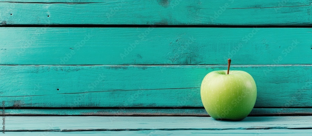 Poster fresh green apple on vibrant turquoise wooden background with ample empty space for text or design e