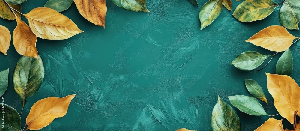 Poster autumn leaves in green and yellow framing a textured background creating space for text or design el