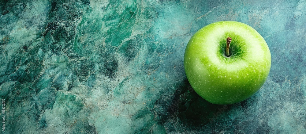 Poster green apple on abstract green marble surface with ample negative space for customizable text and des