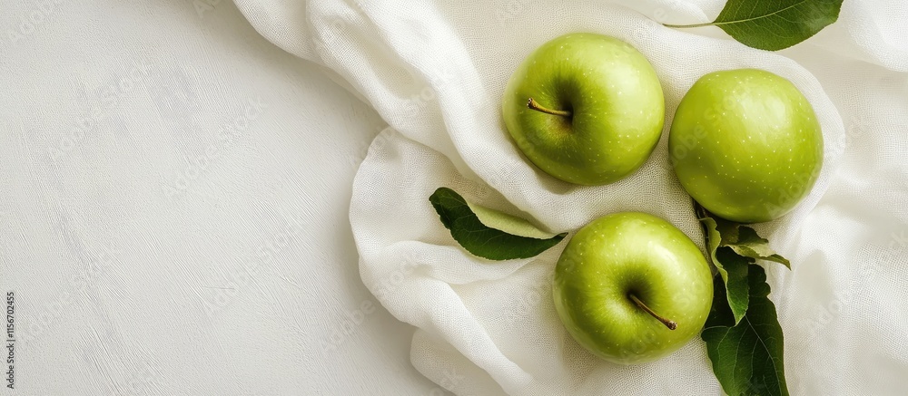 Poster Green apples on white fabric representing freshness and purity with ample space for text overlay in a natural setting