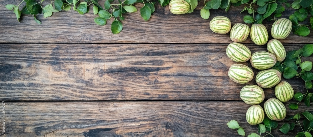 Poster striped runner potatoes on rustic wooden surface surrounded by greenery with ample empty space for t