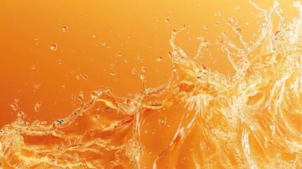 A dynamic splash of orange liquid with bubbles against a vibrant background.