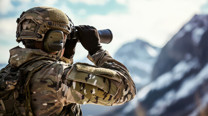 A soldier wearing advanced tactical gear, observing through binoculars in the mountains, highlighting the blend of technology and nature in a strategic military setting.