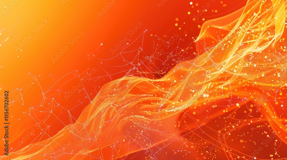 Poster abstract design with flowing lines and glowing particles in warm orange tones.