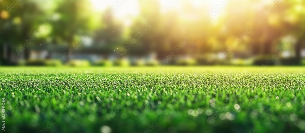 Aufkleber lush green artificial grass field with blurred soccer players in background ideal for text placement