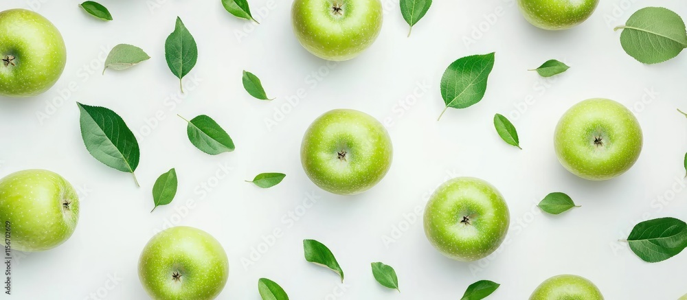 Poster fresh green apples surrounded by leaves on a white background with ample space for text and design e