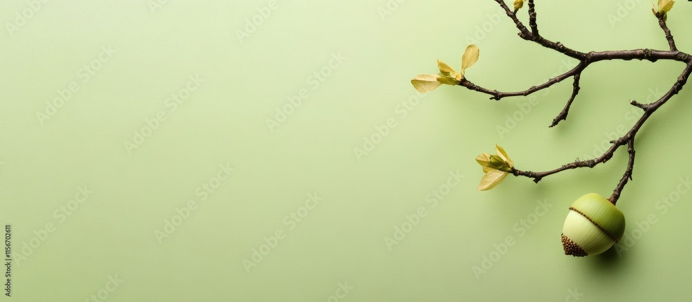 Aufkleber green acorn on oak tree branch with spring foliage and soft gradient background ideal for nature-the