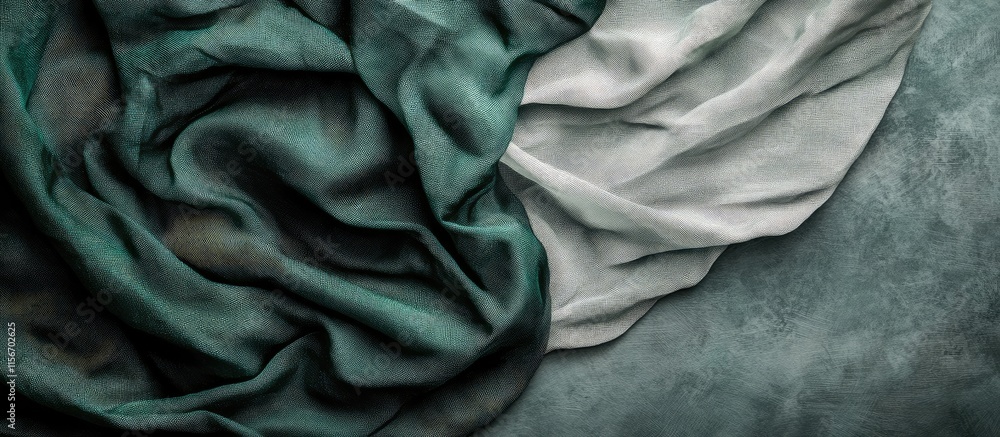 Poster Textured Green and Gray Fabric Background with Crumpled Layers and Empty Space for Adding Custom Text or Design Elements