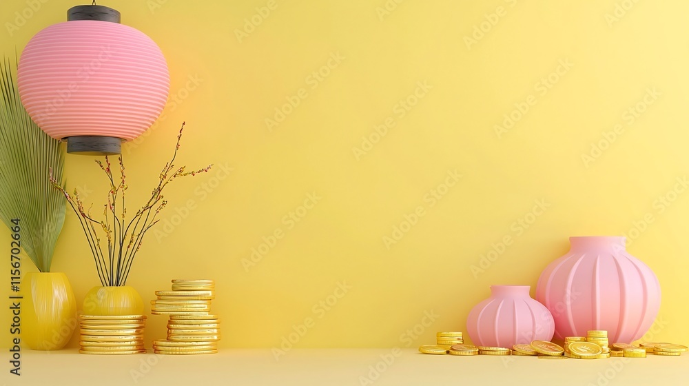 Poster vibrant 3d of traditional lanterns and shiny gold coins on a colorful backdrop with a reserved text 