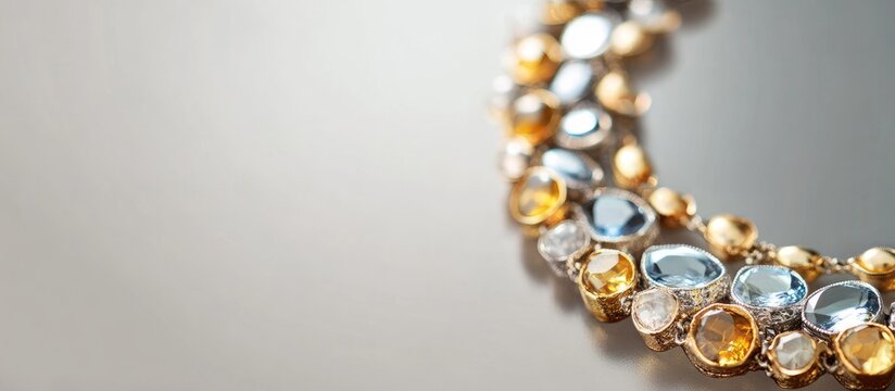 Elegant gold and silver semiprecious gemstone necklace with gold accents on a reflective surface ideal for jewelry promotions.