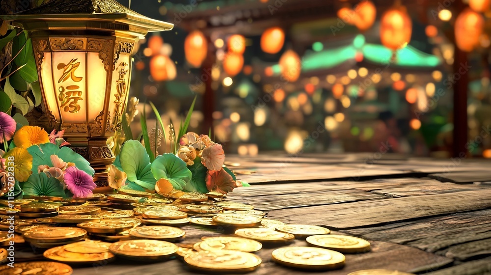 Poster stunning 3d of an ornate arrangement featuring glowing lanterns and shiny gold coins on a vibrant co