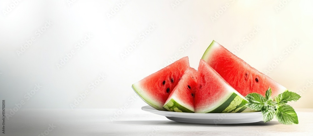 Poster elegant modern presentation of fresh watermelon slices on a plate with empty space for text showcasi