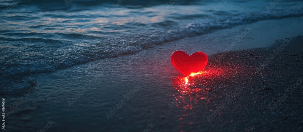Poster glowing red heart shaped decoration on serene seashore with gentle waves and empty space for romanti