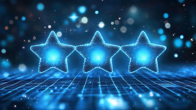 Three glowing digital stars on a grid, representing a three-star rating or high quality. - Powered by Adobe
