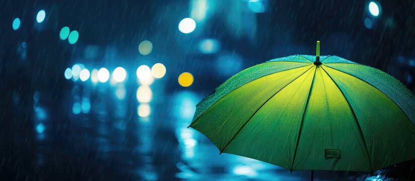 Illuminated green umbrella in dark rainy city atmosphere with blurred lights and customizable text space for advertisements or messages