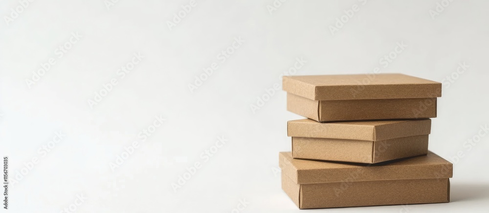Poster stack of brown gift boxes on white background with ample empty space for custom text or promotional 