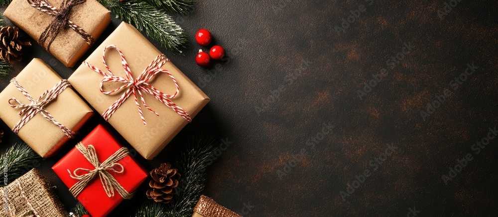 Poster festive gift boxes wrapped in kraft paper arranged on a dark background with empty space for text an