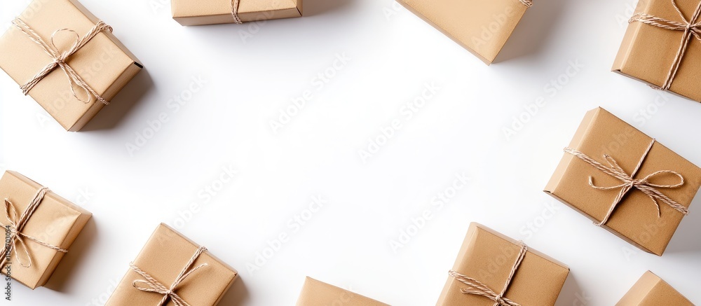 Poster craft paper gift boxes with bows arranged on a white background creating an elegant layout with copy
