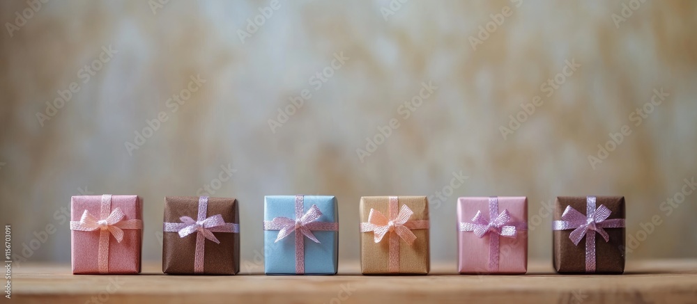 Poster colorful gift boxes in a row with bokeh background for holiday celebrations and blank space for cust