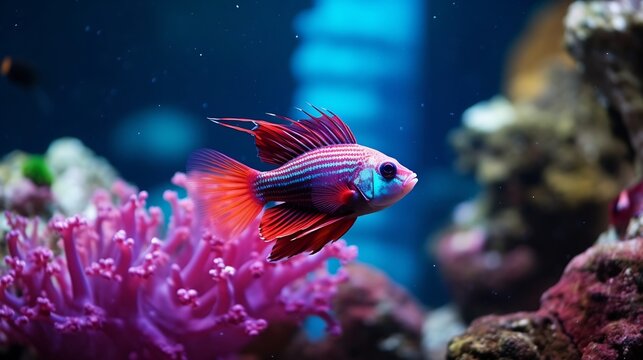 Captivating image of a firefish swimming gracefully through a lush vibrant coral reef tank showcasing the beauty and diversity of the underwater marine ecosystem