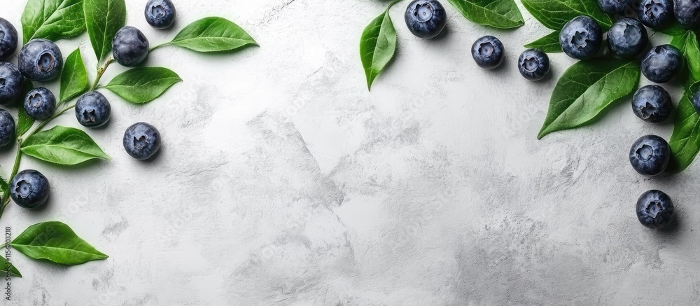 Aufkleber nutritious blueberries with vibrant green leaves on a textured background featuring ample empty spac