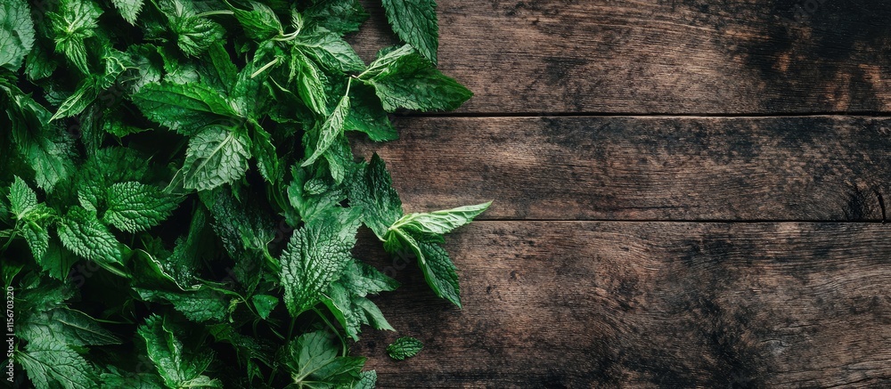 Poster freshly harvested nettles on wooden surface with empty space for culinary text or recipes in a rusti