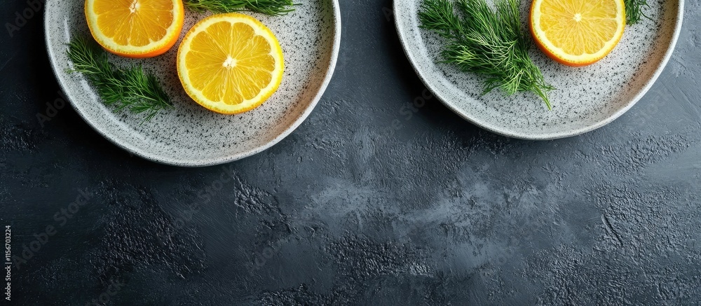 Poster citrus slices with fresh dill arranged on elegant plates with dark background ready for culinary tex