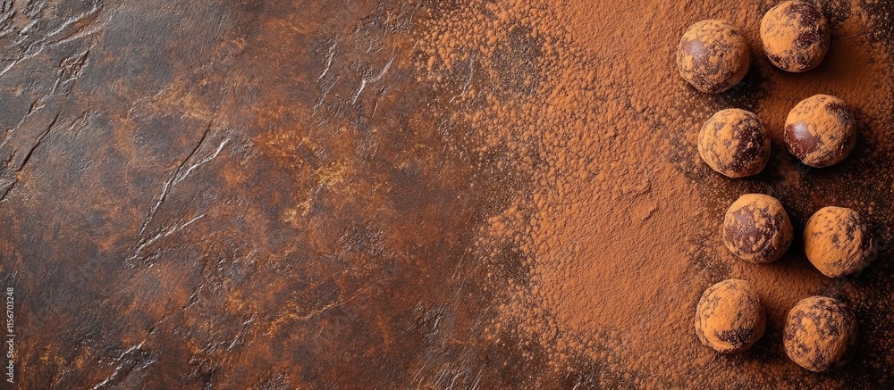 Poster delicious chocolate truffles dusted with cocoa powder on a textured rustic background with ample spa