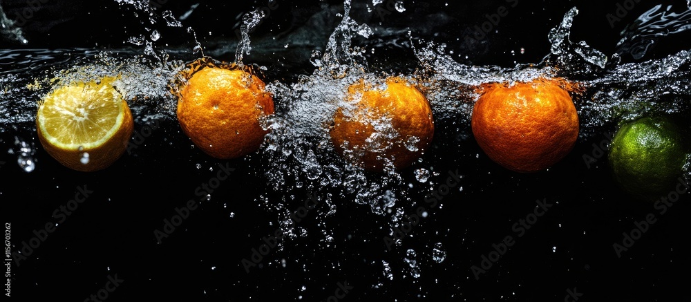 Poster citrus fruits splashing in water from above vibrant colors and dynamic motion creating a refreshing 