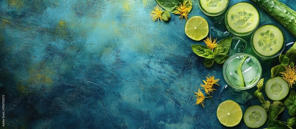 Poster refreshing gin and tonic cocktail with cucumber and lime on a textured blue background showcasing vi