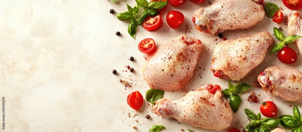 Poster fresh chicken wings garnished with tomatoes and herbs on a neutral background with empty space for c