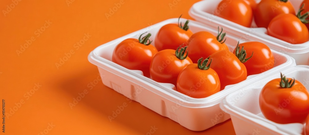 Aufkleber fresh cherry tomatoes in white trays on vibrant orange background with ample empty space for text or