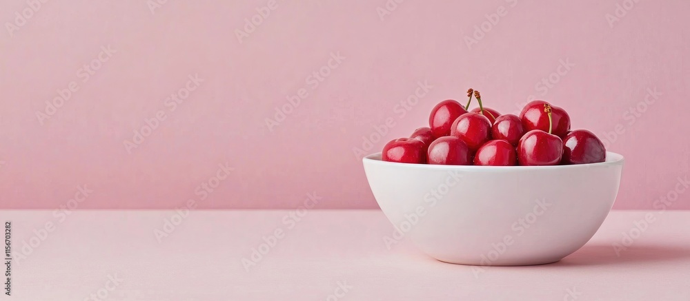 Poster vibrant cherries in a white bowl on a soft pink background creating a fresh and inviting atmosphere 