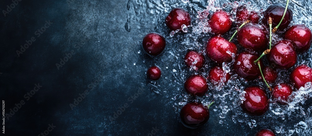 Poster fresh cherries splashing in water against a dark background highlighting vibrant textures and colors