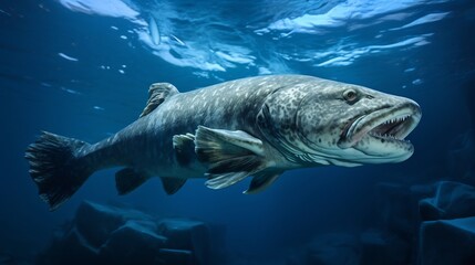 Fototapeta premium Polar Cod Swimming Gracefully Beneath Frozen Ice Sheets in a Captivating Arctic Underwater Landscape