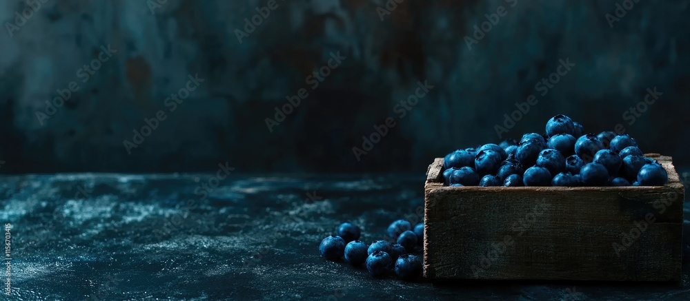 Poster blueberries in a rustic wooden box on a dark surface with ample negative space for text or marketing