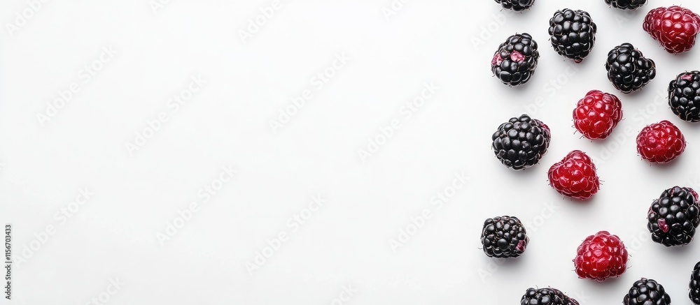 Aufkleber fresh ripe blackberries and red berries arranged on white background with copy space for text or des