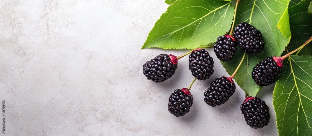 Poster fresh black mulberries with green leaves on a textured background showcasing vibrant colors and spac