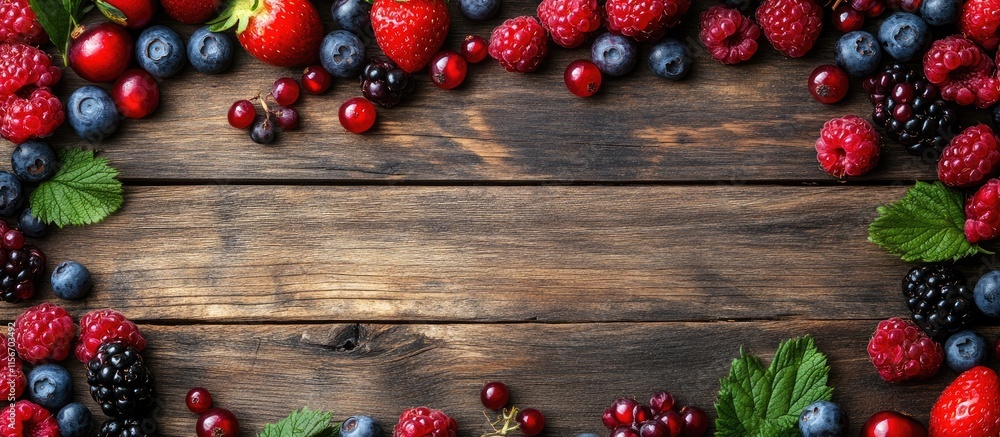 Poster fresh berries arranged around pancakes on a rustic wooden surface with ample space for text and crea