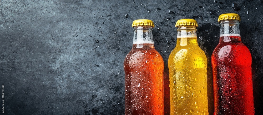 Poster chilled beverage bottles with condensation on a dark background and ample empty space for your promo