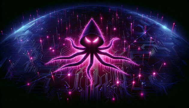 Hacker A dark cyberspace background with glowing purple tendrils representing malware spreading through a d4