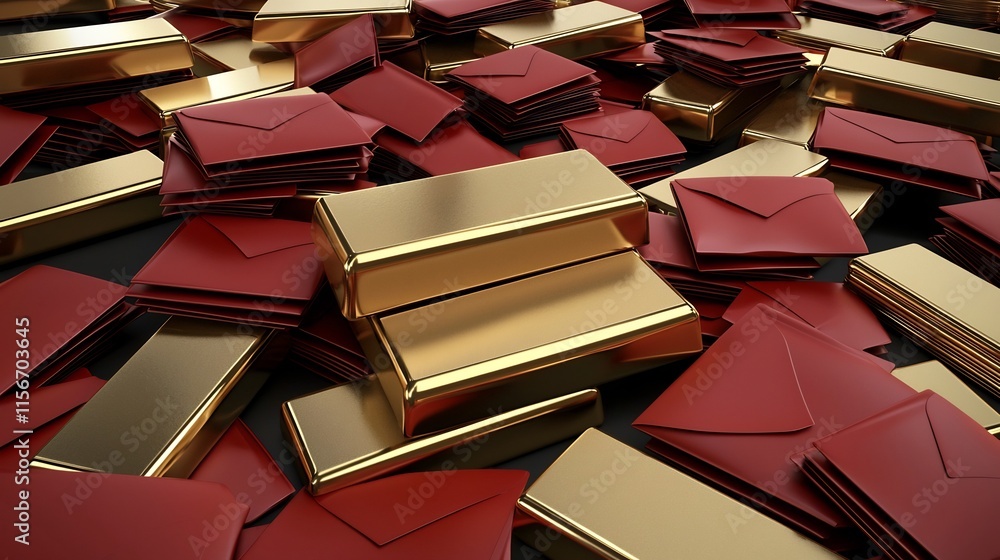 Aufkleber elegant 3d of gold ingots and red envelopes on a clean seamless background with a designated text zo