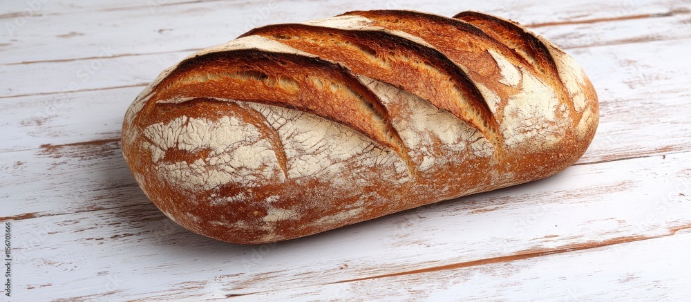 Poster artisan bread loaf on rustic white wooden background with empty space for text or branding in high r